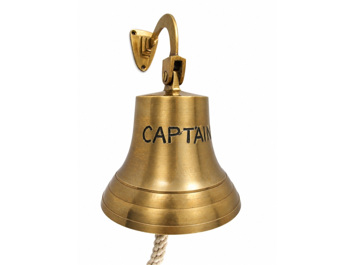 Antiqued Brass Wall Bell with CAPTAIN Motif, H 20 cm / Ø 14 cm