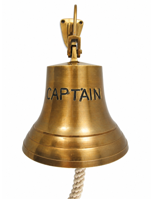 Antiqued Brass Wall Bell with CAPTAIN Motif, H 20 cm / Ø 14 cm