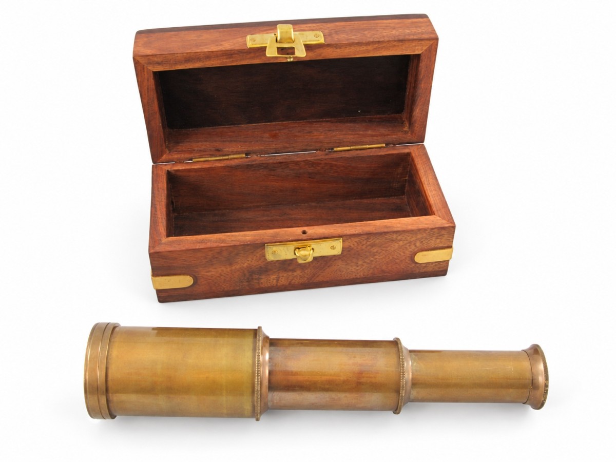Decorative Antiqued Brass Spyglass in Wooden Box, L 7/15 cm