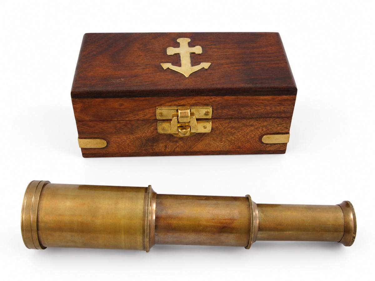 Decorative Antiqued Brass Spyglass in Wooden Box, L 7/15 cm