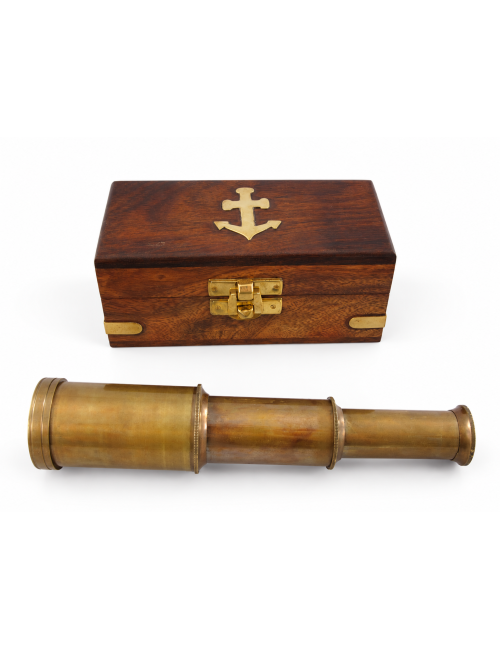 Decorative Antiqued Brass Spyglass in Wooden Box, L 7/15 cm