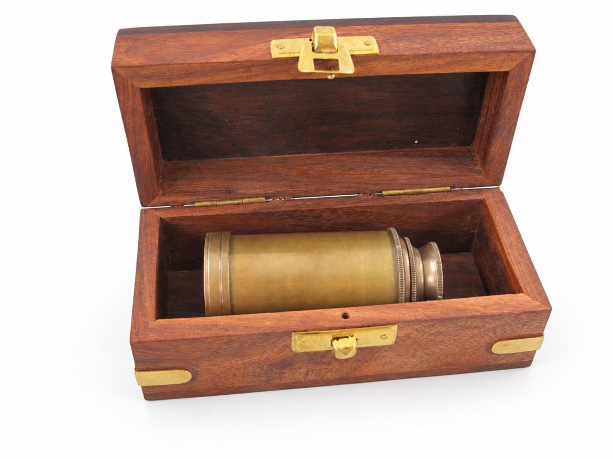 Decorative Antiqued Brass Spyglass in Wooden Box, L 7/15 cm
