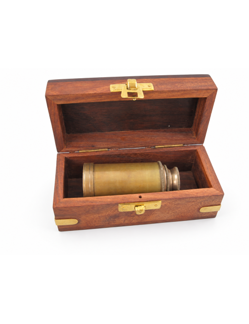 Decorative Antiqued Brass Spyglass in Wooden Box, L 7/15 cm