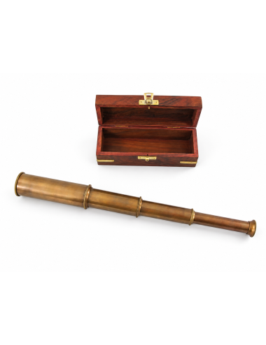 Decorative Antiqued Brass Spyglass in Wooden Box, L 13/39 cm