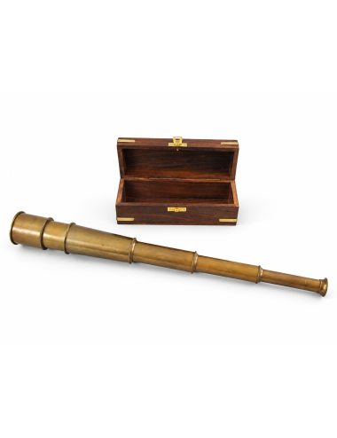 Decorative Antiqued Brass Spyglass in Wooden Box, L 18/42 cm
