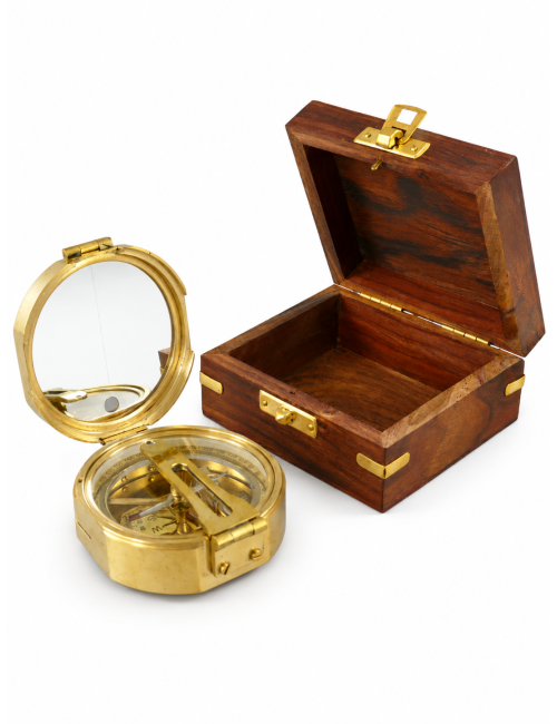 Decorative Brass Sighting Compass in Wooden Box, Ø 8 cm