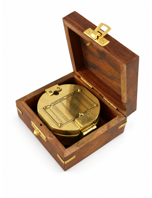 Decorative Brass Sighting Compass in Wooden Box, Ø 8 cm