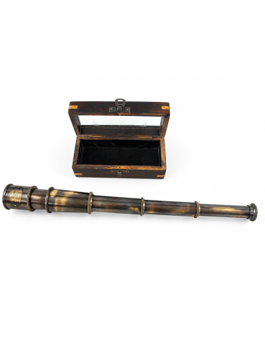 Decorative Antiqued Brass Spyglass in Wooden Box, L 16 × 7 cm