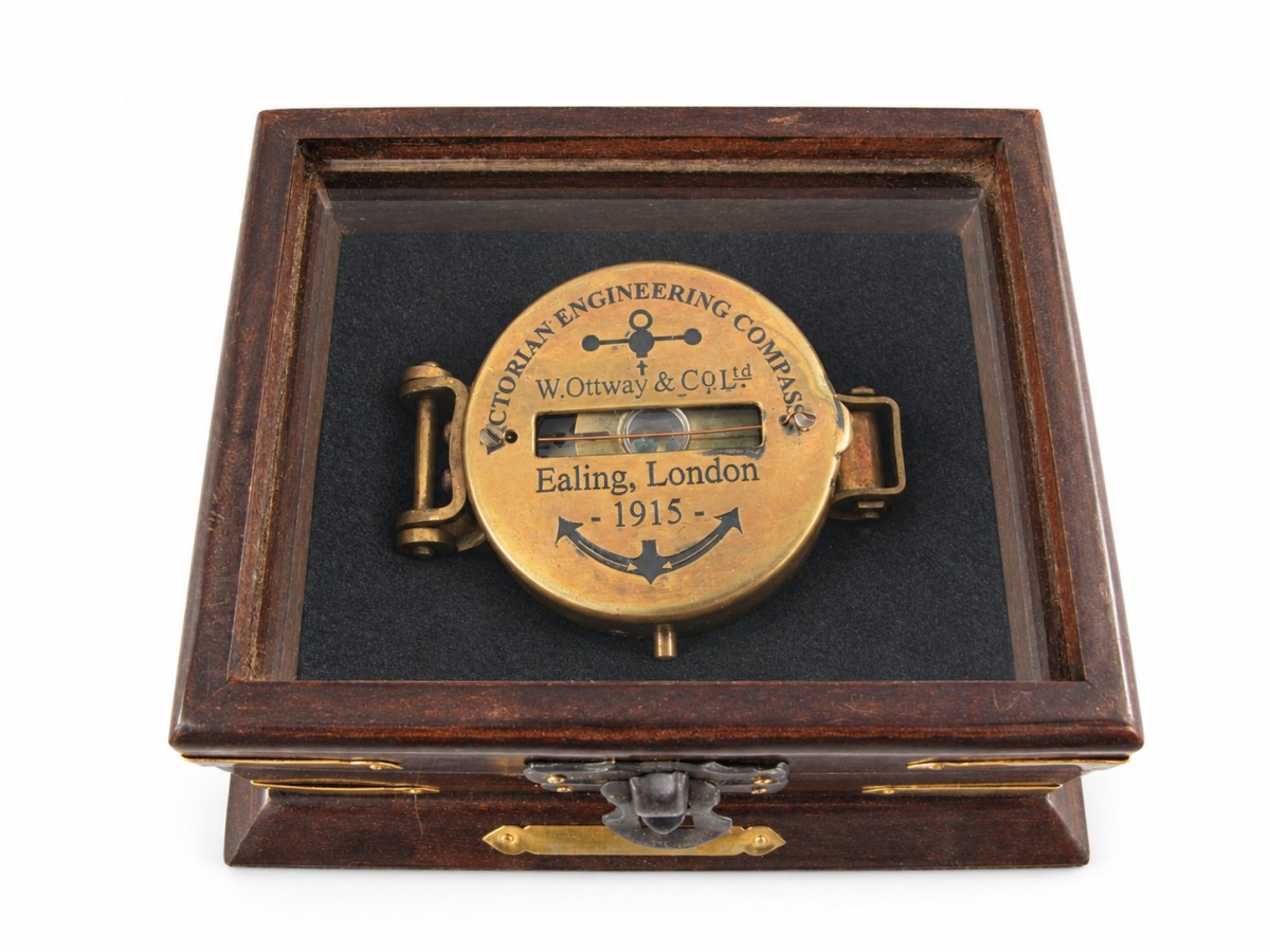 Decorative Antiqued Brass Compass with Case, L 12 × 5 cm