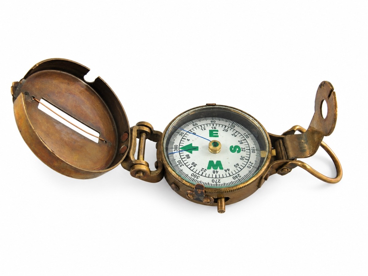 Decorative Antiqued Brass Compass with Case, L 12 × 5 cm