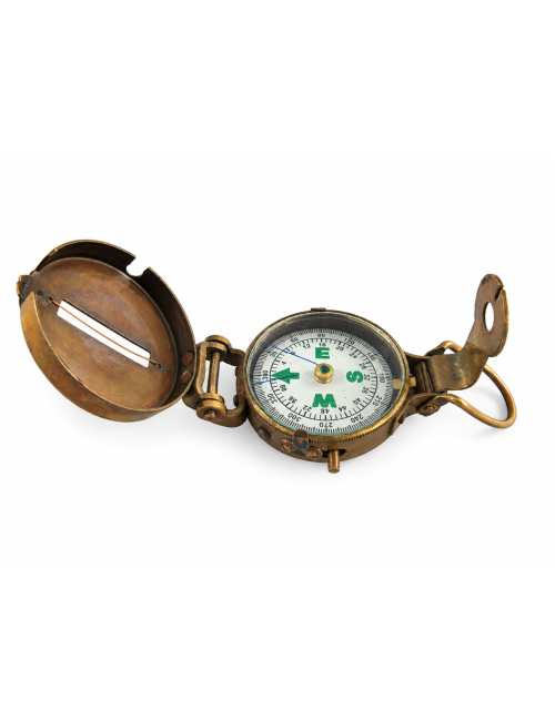 Decorative Antiqued Brass Compass with Case, L 12 × 5 cm