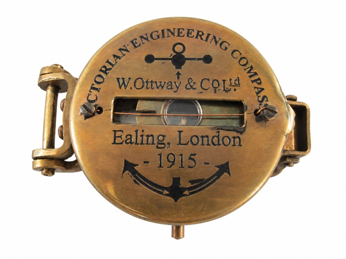 Decorative Antiqued Brass Compass with Case, L 12 × 5 cm