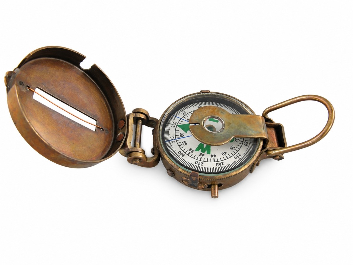 Decorative Antiqued Brass Compass with Case, L 12 × 5 cm