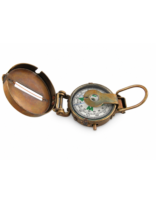 Decorative Antiqued Brass Compass with Case, L 12 × 5 cm
