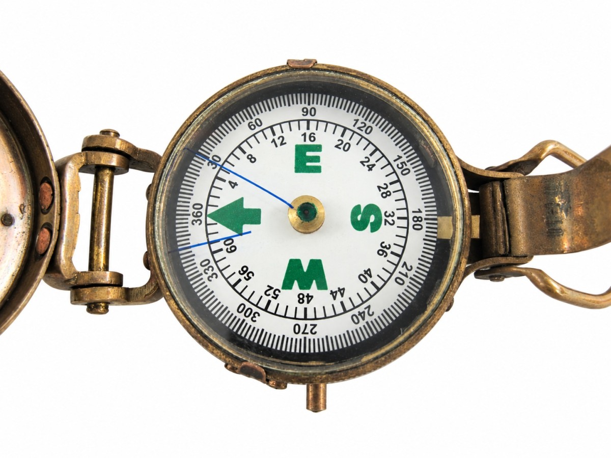 Decorative Antiqued Brass Compass with Case, L 12 × 5 cm