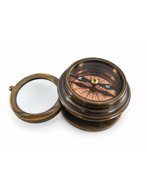Decorative Antiqued Brass Compass in Leather Case, Ø 9 cm