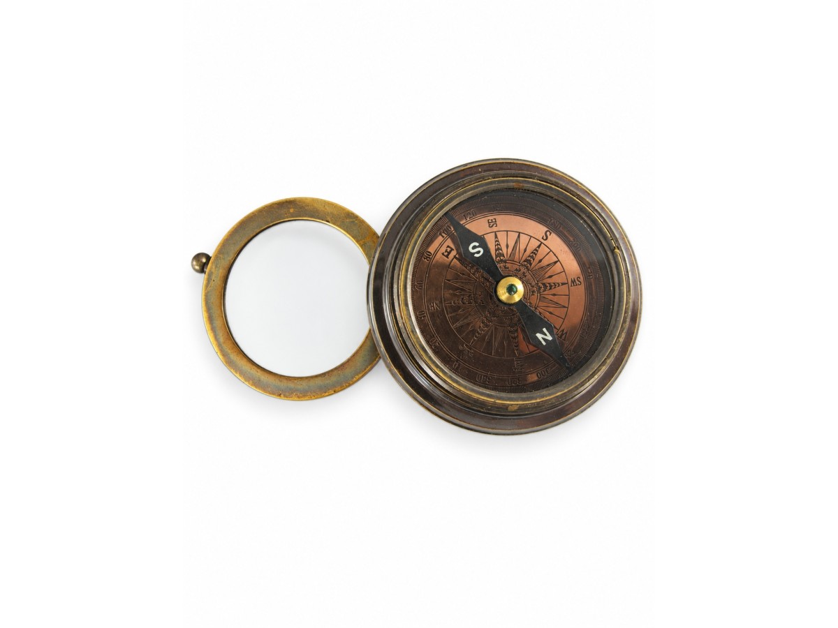Decorative Antiqued Brass Compass in Leather Case, Ø 9 cm