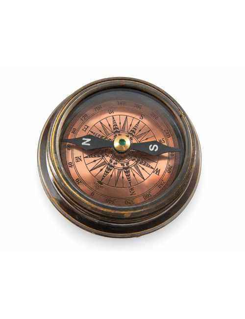 Decorative Antiqued Brass Compass in Leather Case, Ø 9 cm