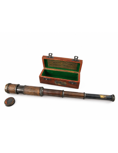 Decorative Antiqued Brass Spyglass with Leather Detail in Wooden Box, L 17 cm